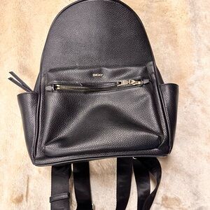 DKNY Black Pebbled Leather Backpack with Gold Hardware